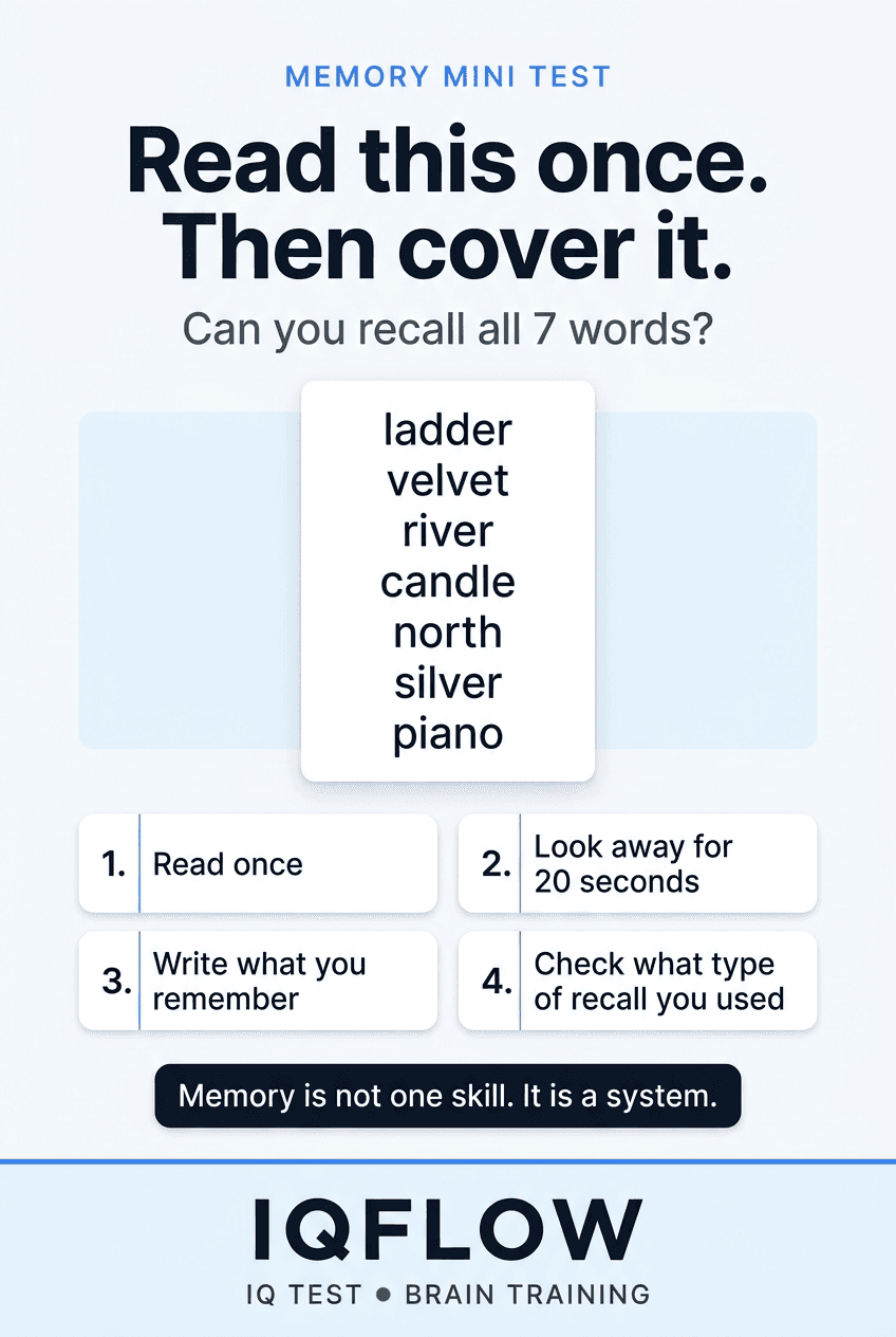 IQFlow Pinterest pin showing seven words for a short memory recall test.