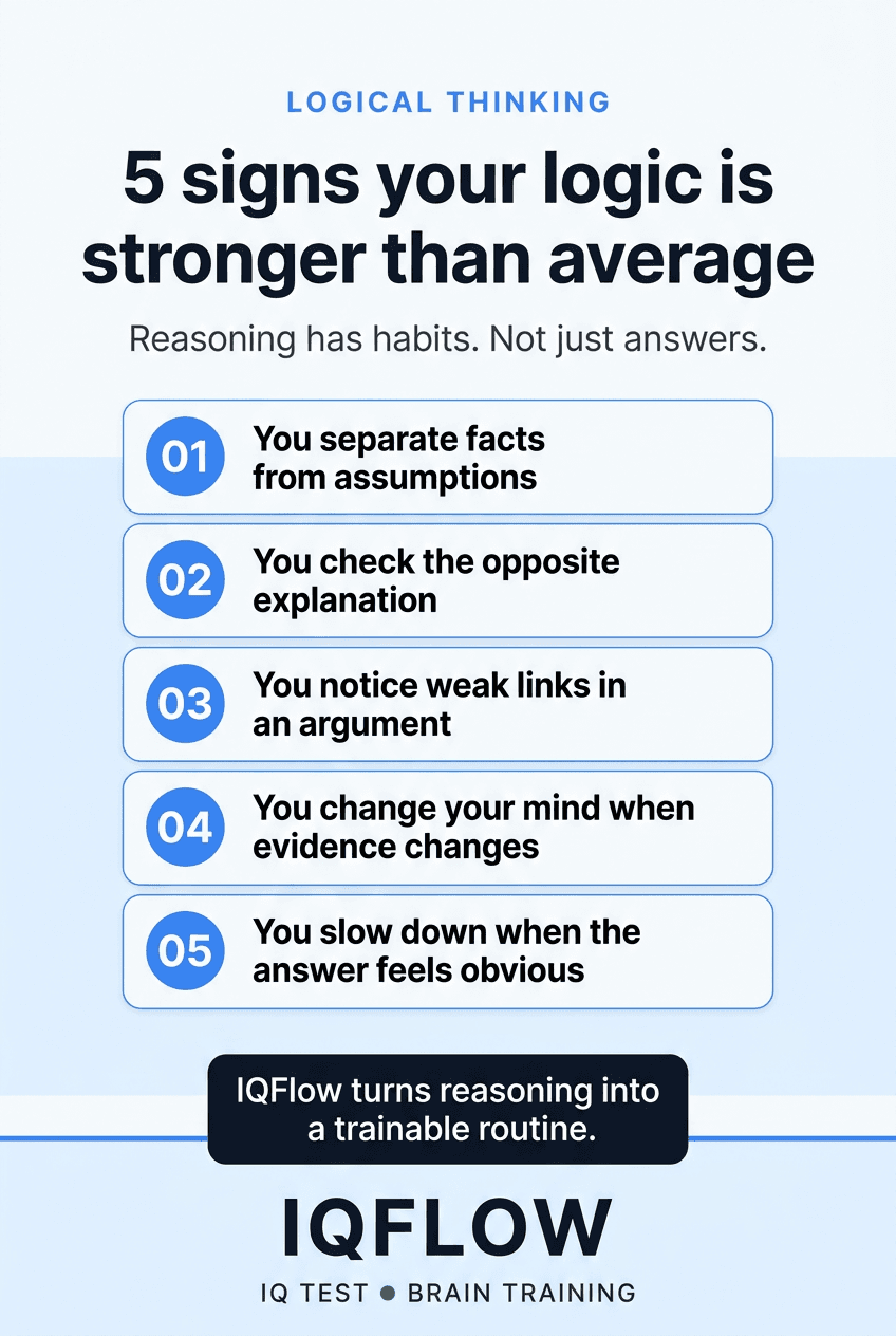 IQFlow Pinterest pin listing five signs of strong logical thinking.
