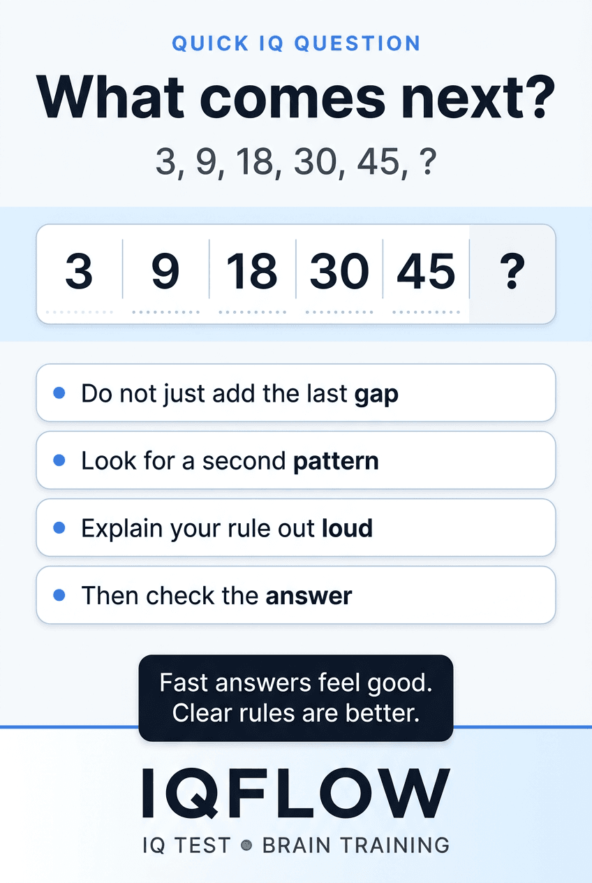 IQFlow Pinterest pin with the number sequence 3, 9, 18, 30, 45, question mark.