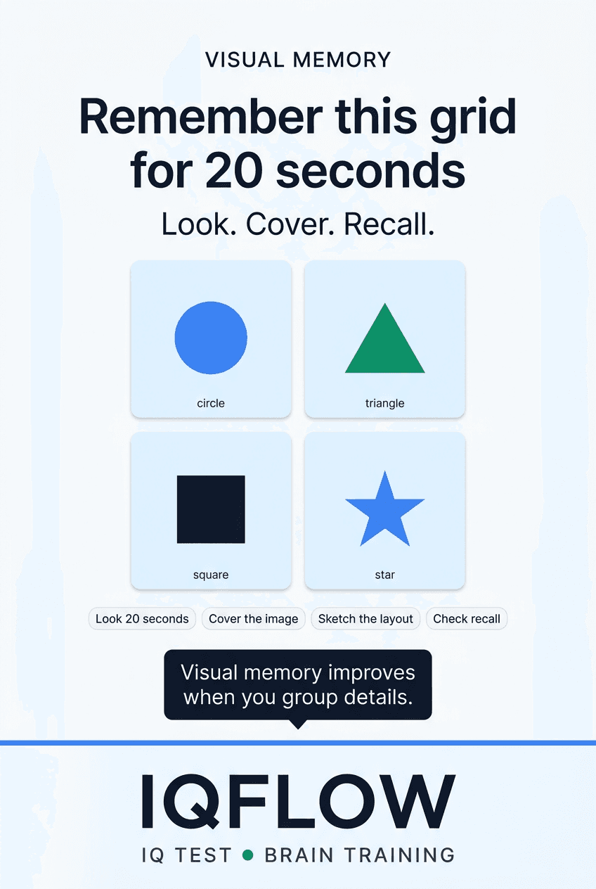 IQFlow Pinterest pin showing a simple visual memory grid challenge.