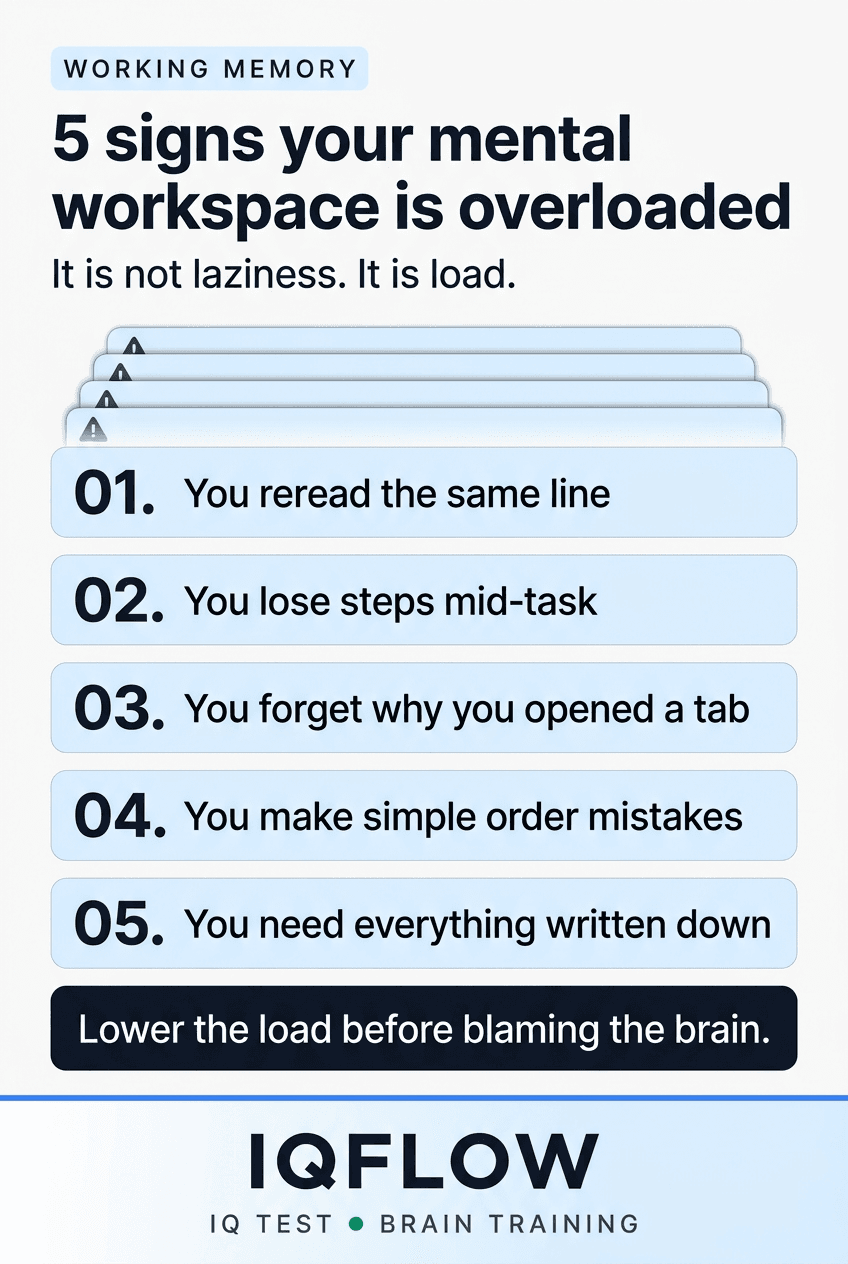 IQFlow Pinterest pin listing five signs working memory is overloaded.
