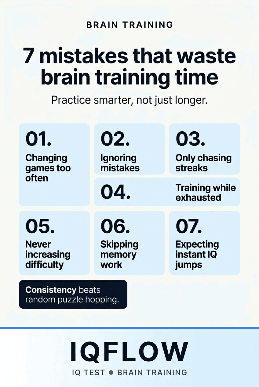 IQFlow Pinterest pin listing seven brain training mistakes to avoid.