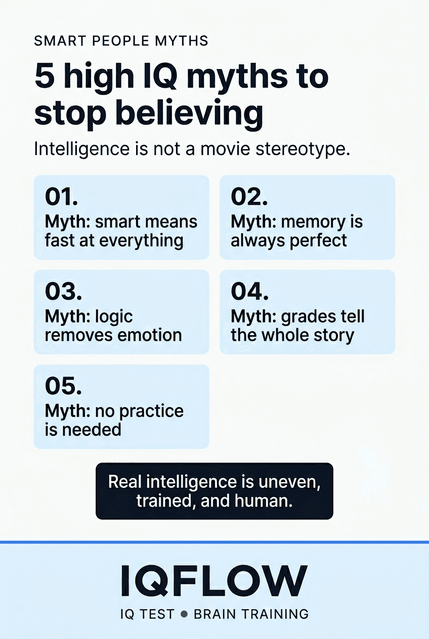 IQFlow Pinterest pin listing five high IQ myths to stop believing.
