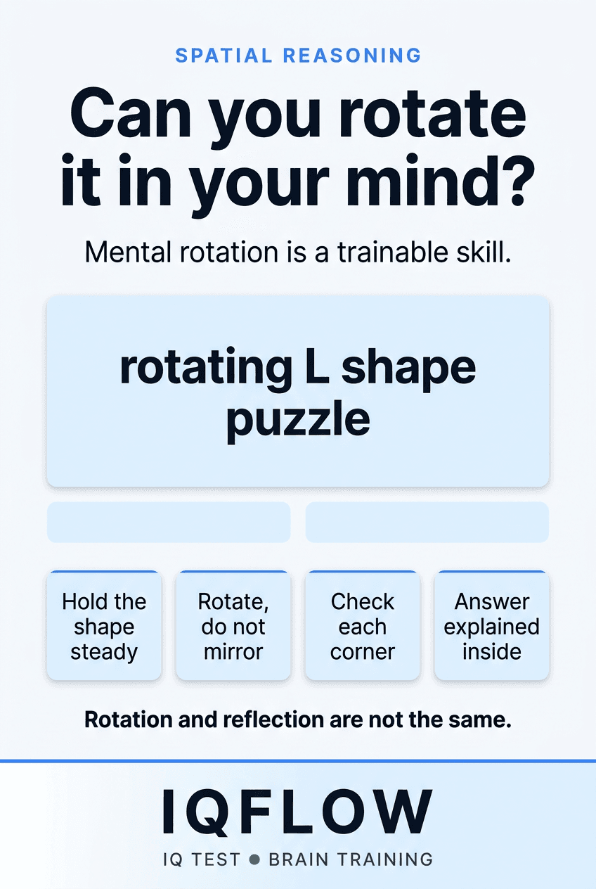 IQFlow Pinterest pin introducing a spatial reasoning mental rotation test.