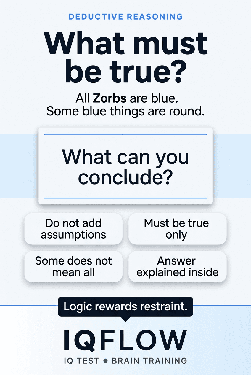 IQFlow Pinterest pin with a deductive reasoning question about what must be true.