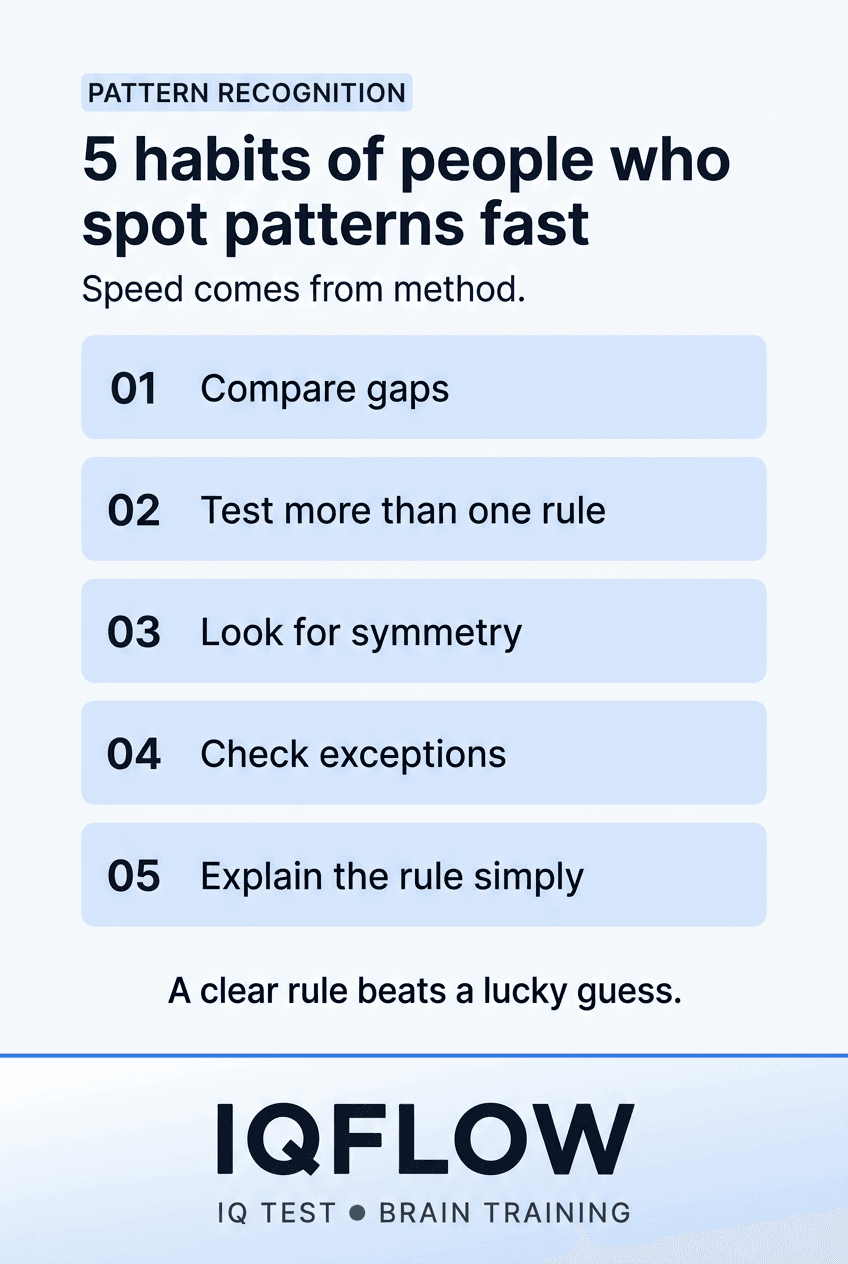 IQFlow Pinterest pin listing five habits of strong pattern recognition.