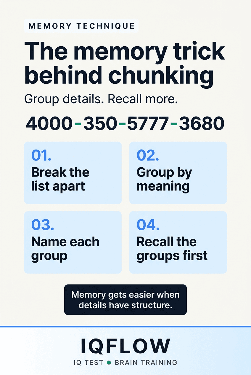 IQFlow Pinterest pin explaining the memory technique called chunking.