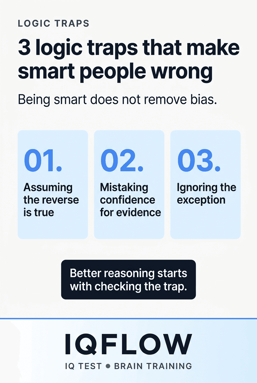 IQFlow Pinterest pin listing three logic traps that make smart people wrong.
