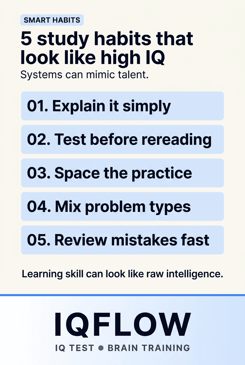 IQFlow Pinterest pin listing five study habits that can look like high IQ.