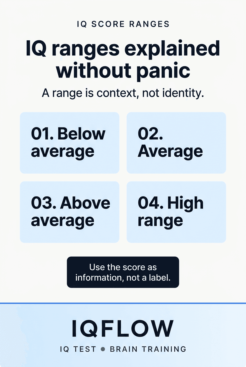 IQFlow Pinterest pin explaining IQ score ranges calmly.