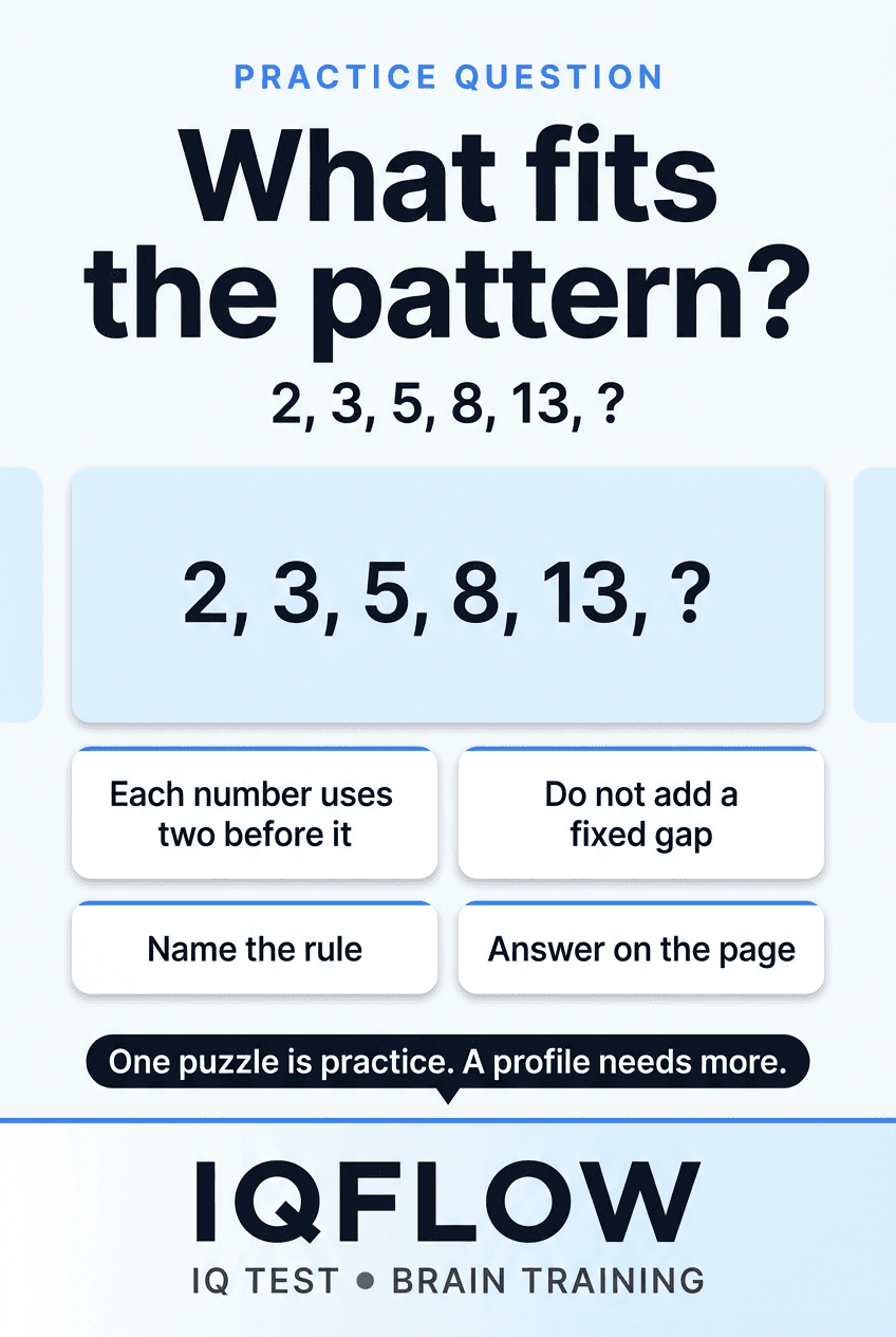 IQFlow Pinterest pin with a high-IQ practice sequence: 2, 3, 5, 8, 13, question mark.