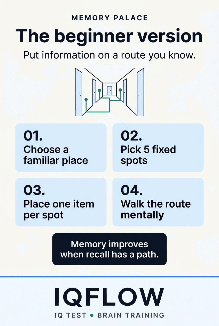 IQFlow Pinterest pin explaining a beginner memory palace technique.