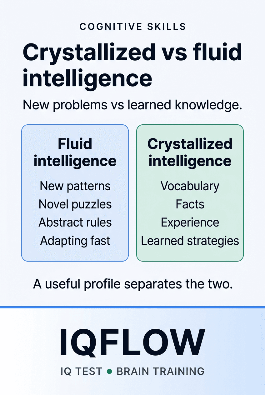 IQFlow Pinterest comparison pin explaining crystallized versus fluid intelligence.