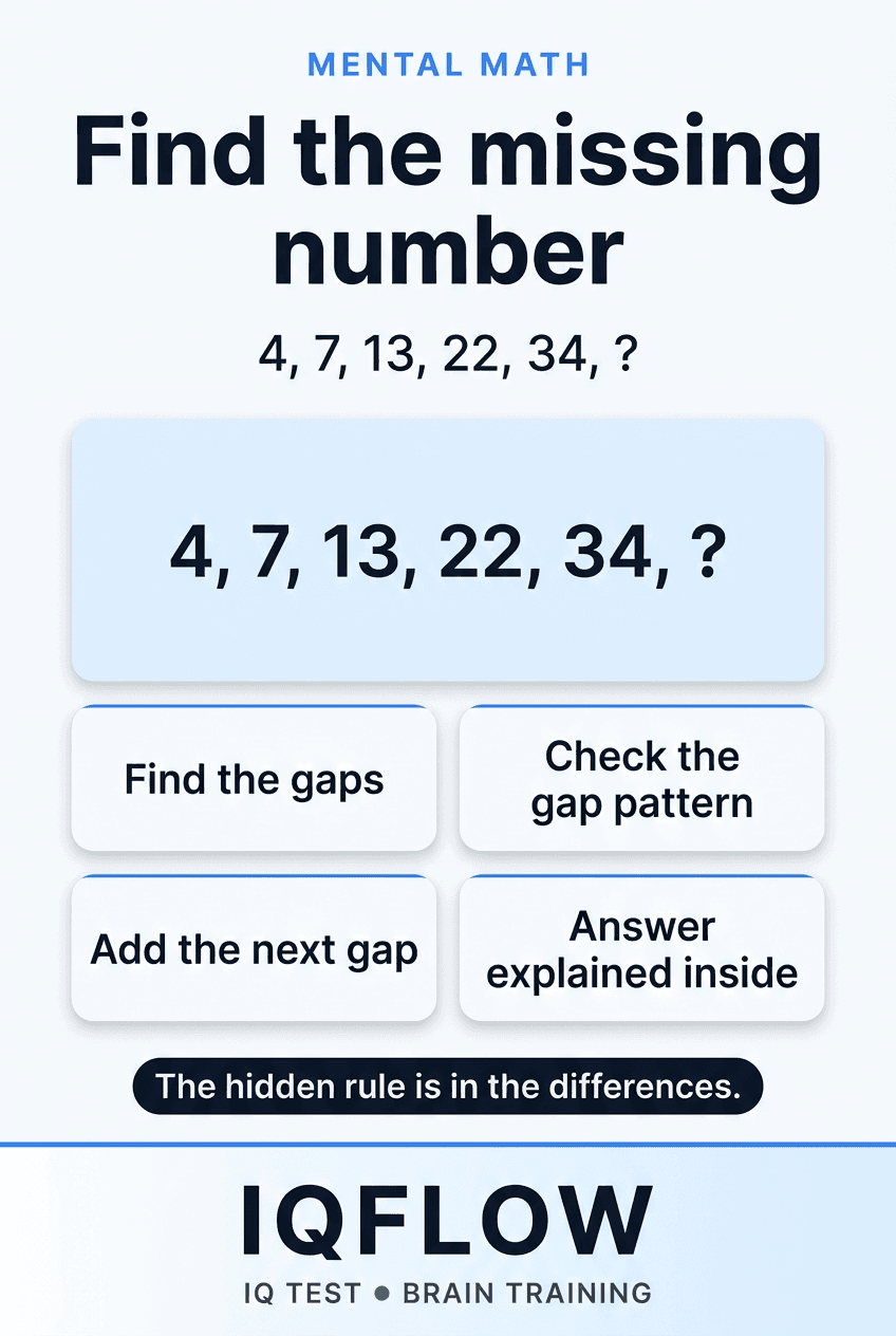 IQFlow Pinterest pin with the number sequence 4, 7, 13, 22, 34, question mark.