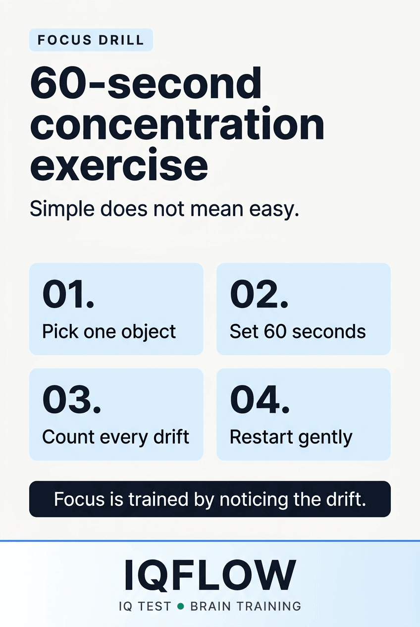 IQFlow Pinterest pin explaining a 60-second concentration exercise.
