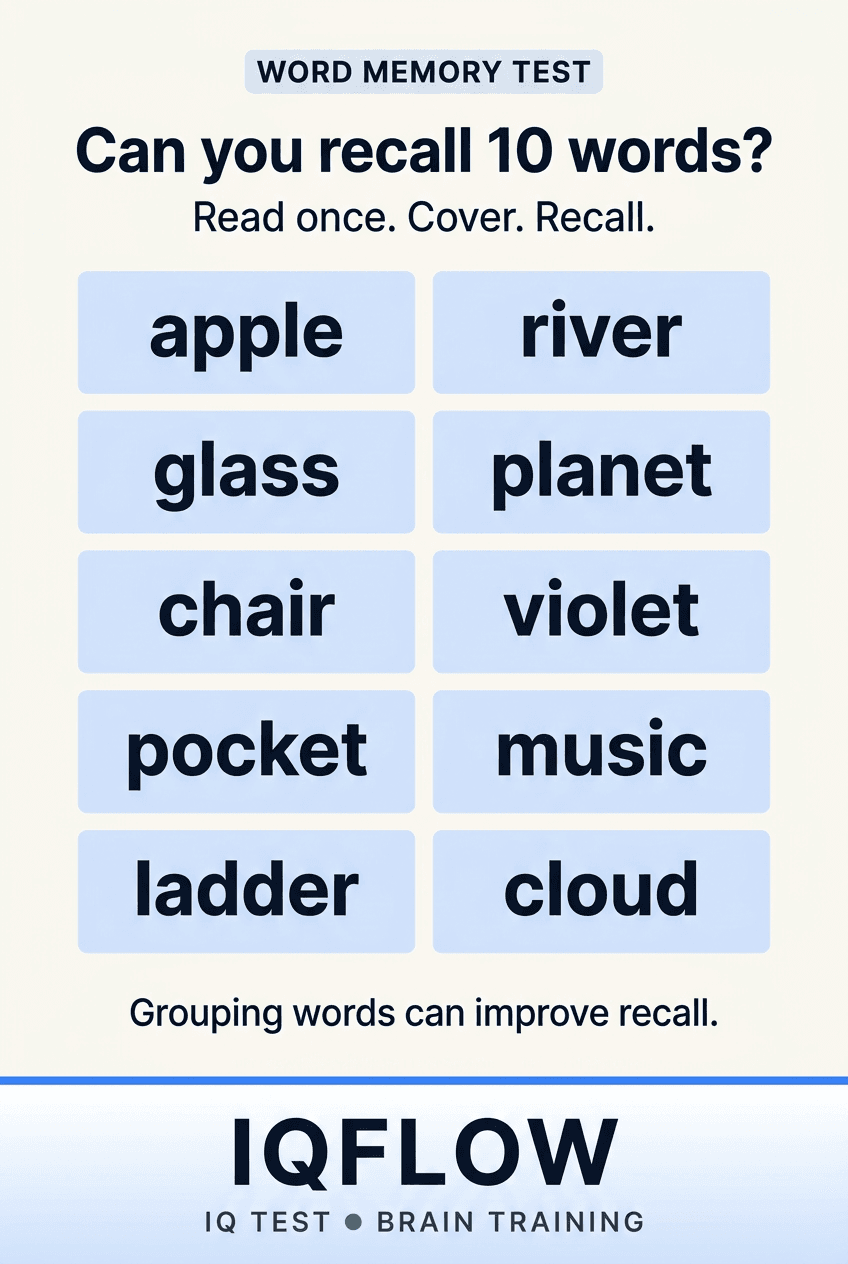IQFlow Pinterest pin showing a 10-word memory recall challenge.
