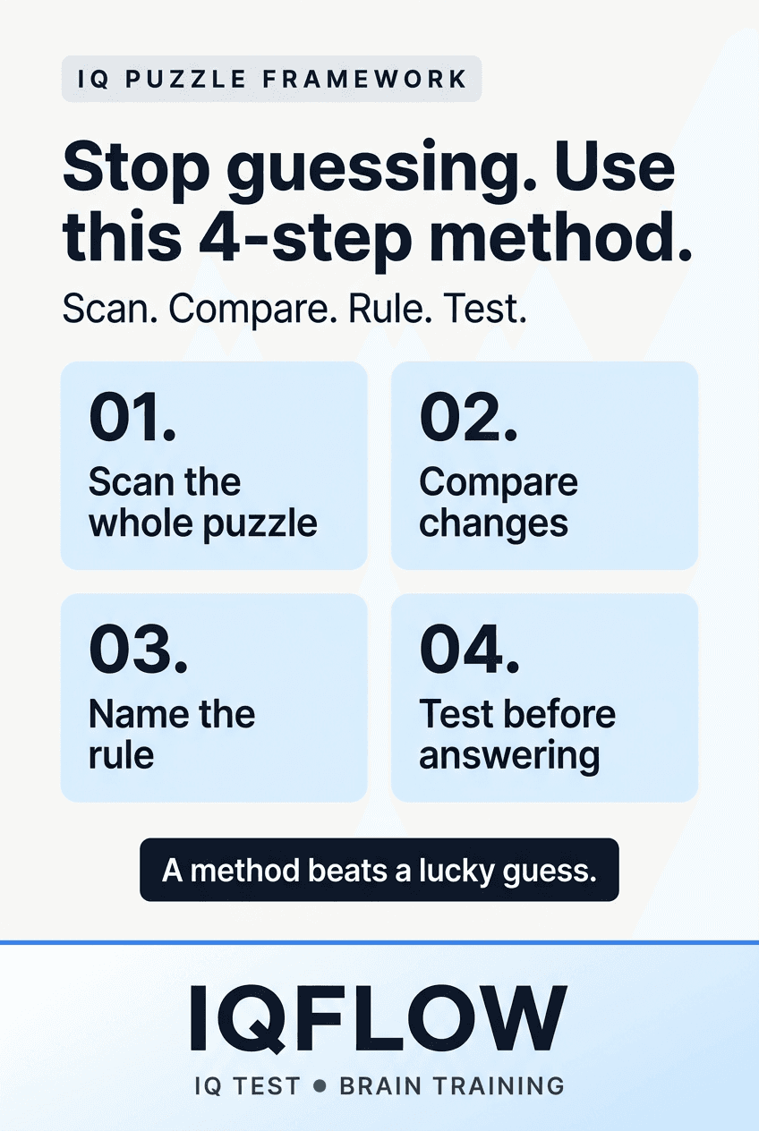 IQFlow Pinterest pin explaining a four-step method for solving IQ puzzles.