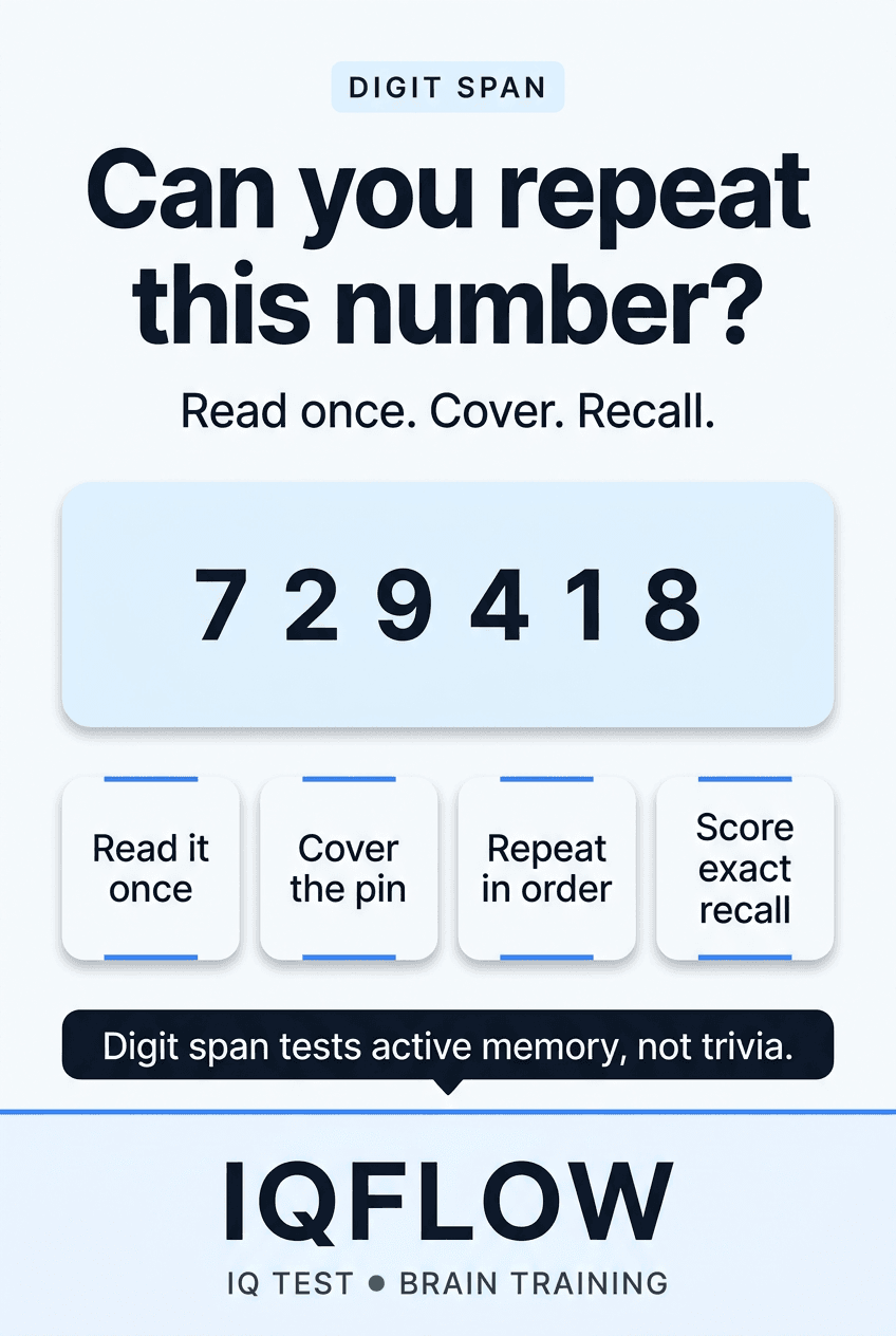 IQFlow Pinterest pin showing a digit span memory challenge with the number 7 2 9 4 1 8.