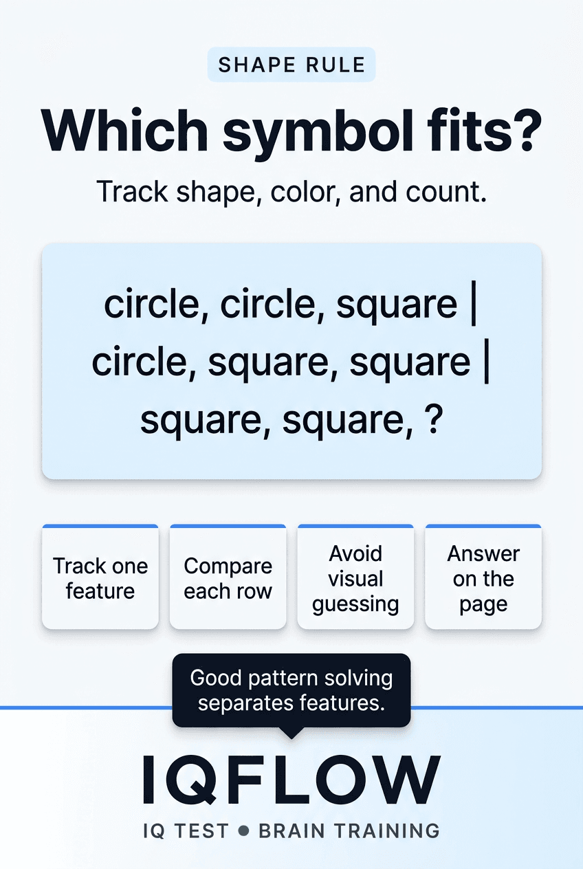 IQFlow Pinterest pin with a shape rule puzzle asking which symbol fits.