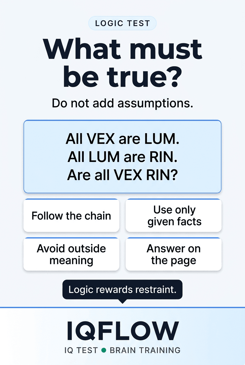 IQFlow Pinterest pin showing a syllogism logic test about VEX, LUM, and RIN.