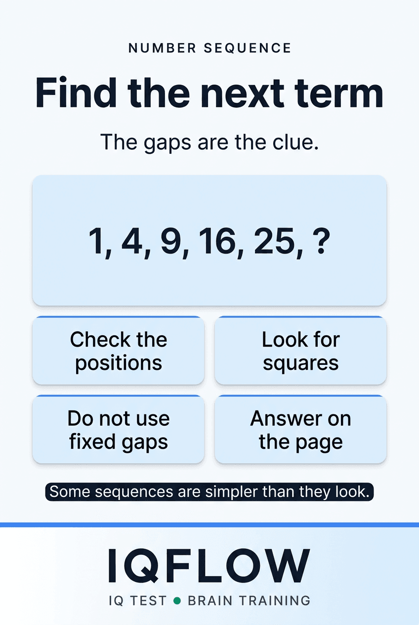 IQFlow Pinterest pin with the sequence 1, 4, 9, 16, 25, question mark.