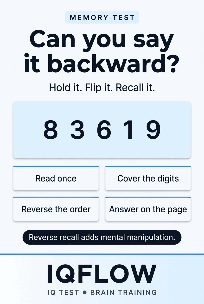 IQFlow Pinterest pin showing a reverse order memory test with digits 8 3 6 1 9.