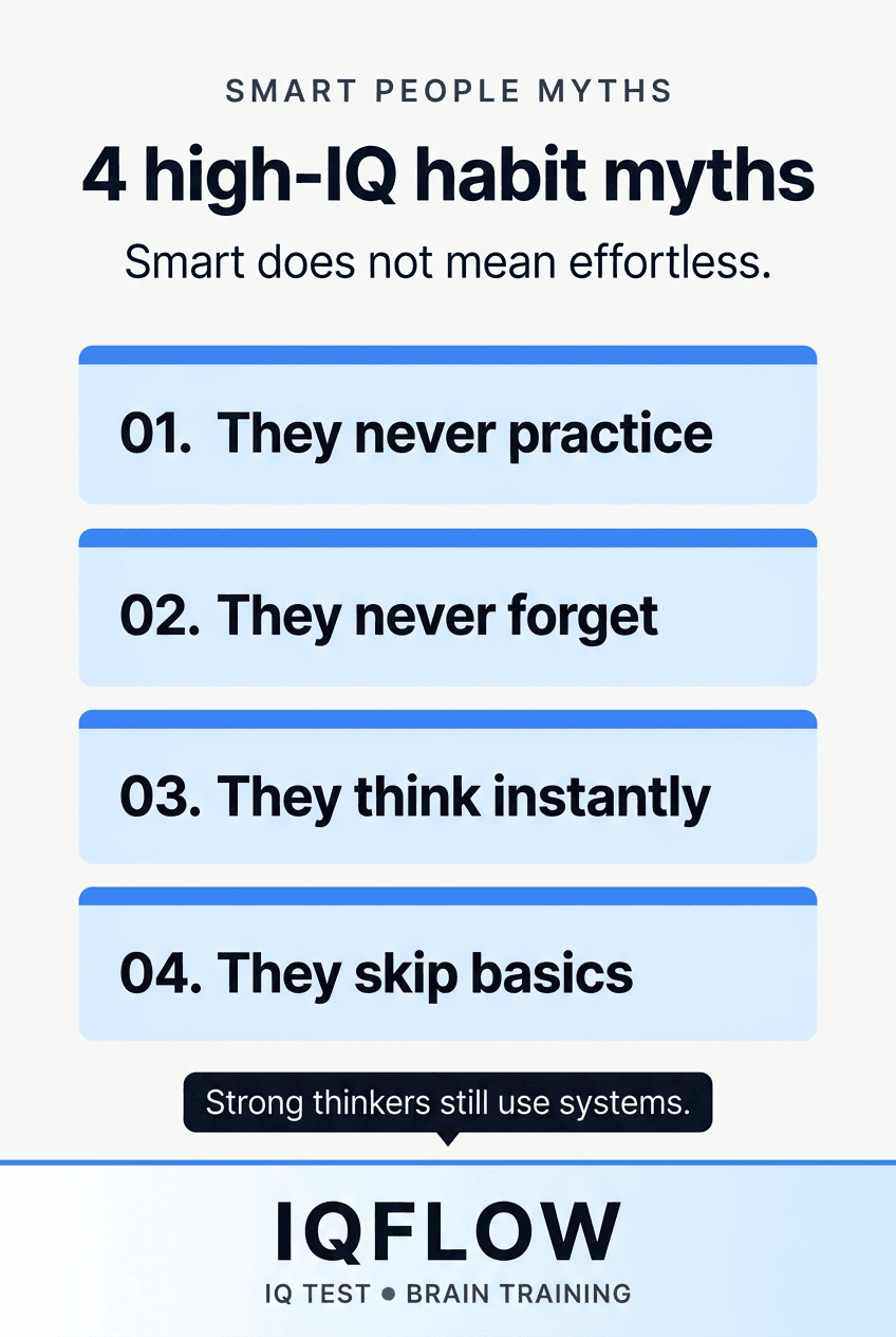 IQFlow Pinterest pin listing four high-IQ habit myths.