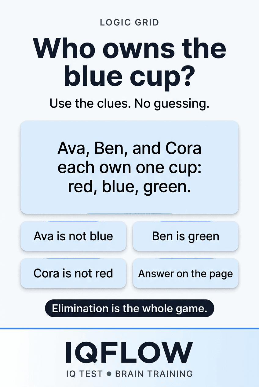 IQFlow Pinterest pin showing a mini logic grid challenge about cup colors.