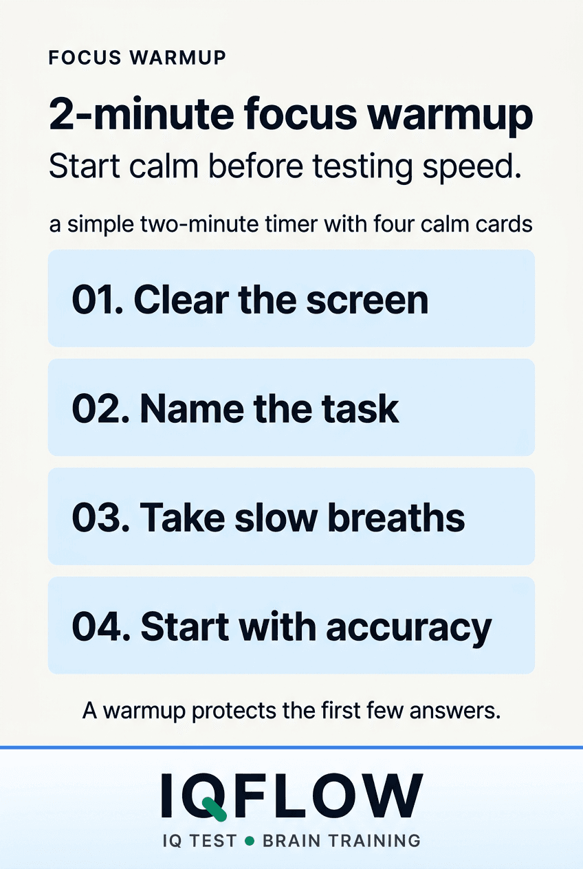 IQFlow Pinterest pin showing a two-minute focus warmup.