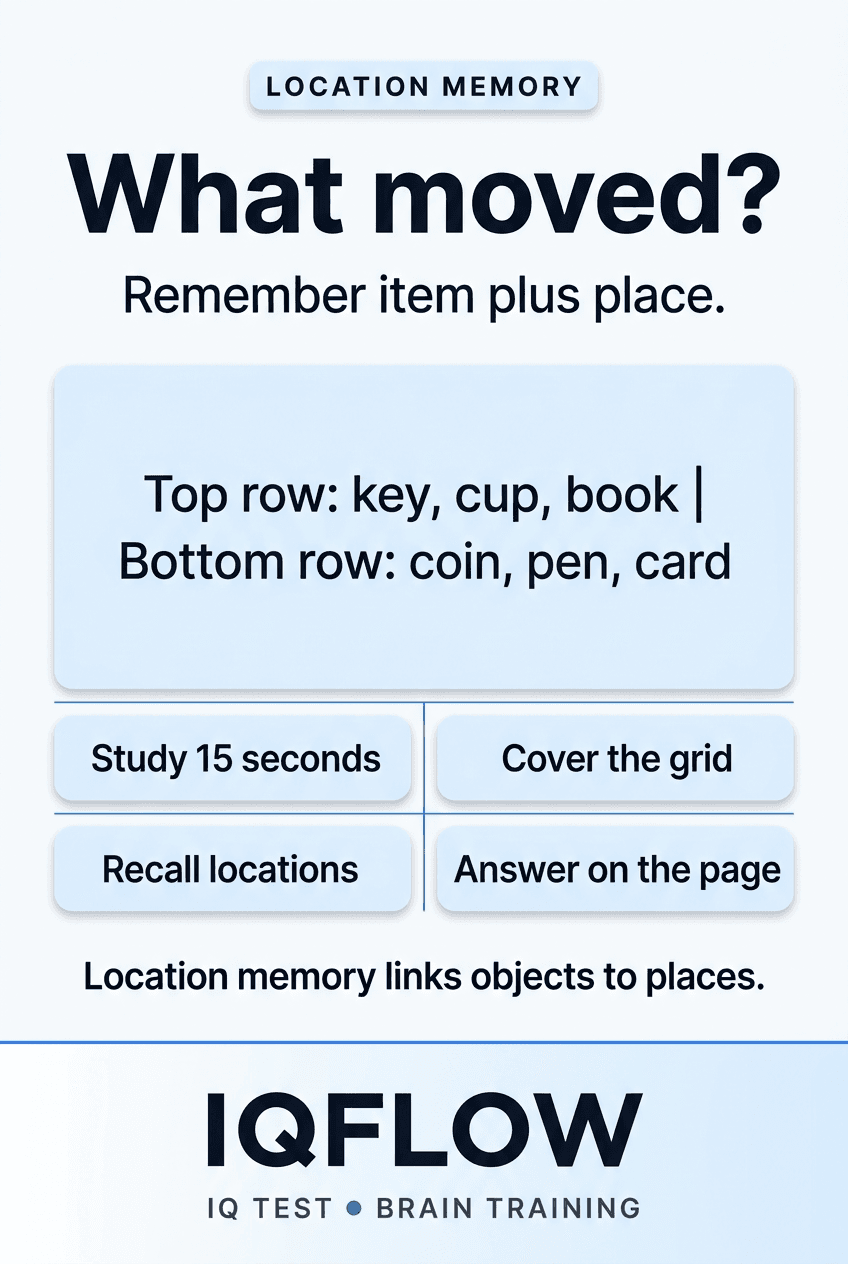 IQFlow Pinterest pin showing an object-location memory test.