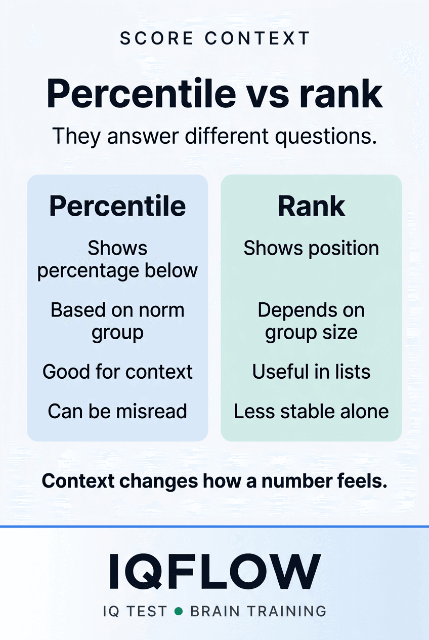 IQFlow Pinterest comparison pin explaining percentile versus rank.