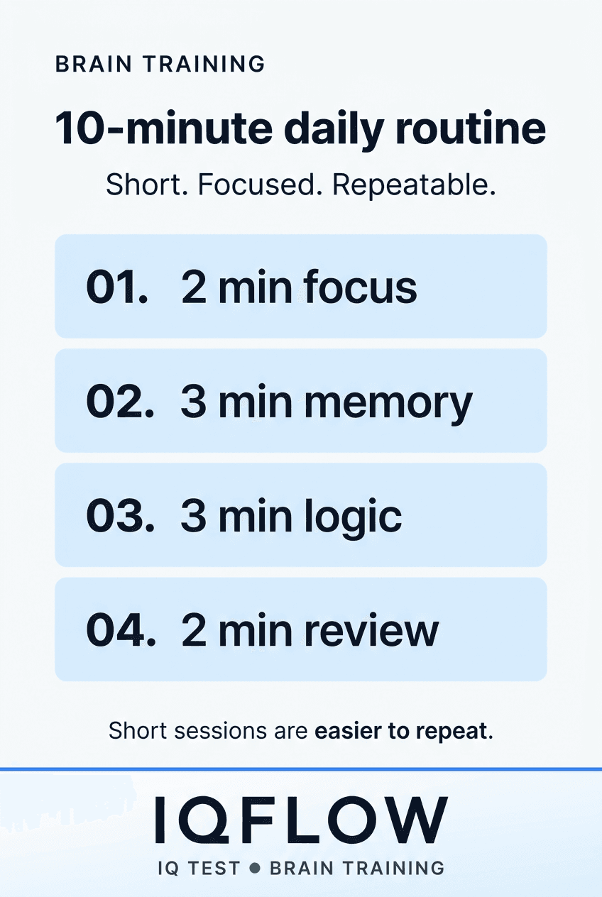 IQFlow Pinterest pin showing a 10-minute daily brain training routine.