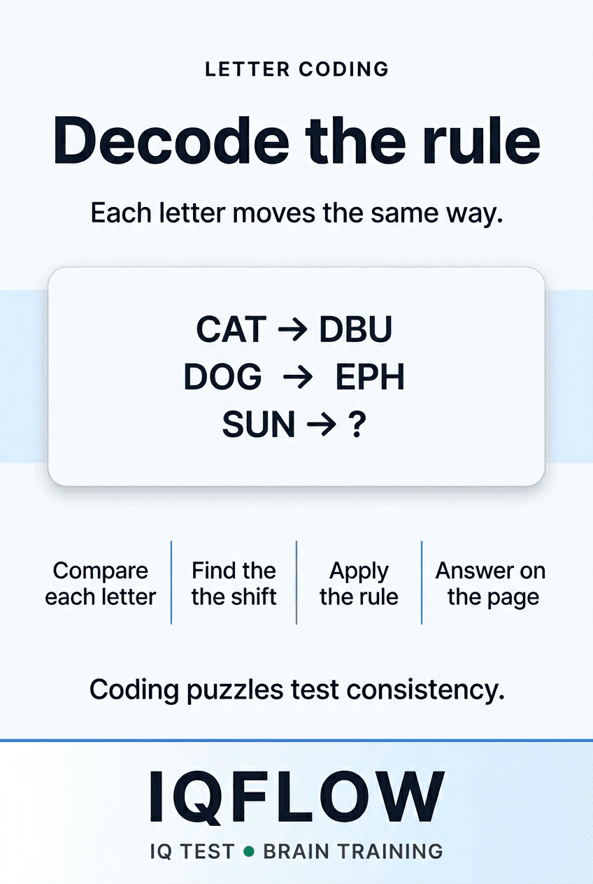 IQFlow Pinterest pin showing a letter coding puzzle: CAT to DBU, DOG to EPH, SUN to question mark.