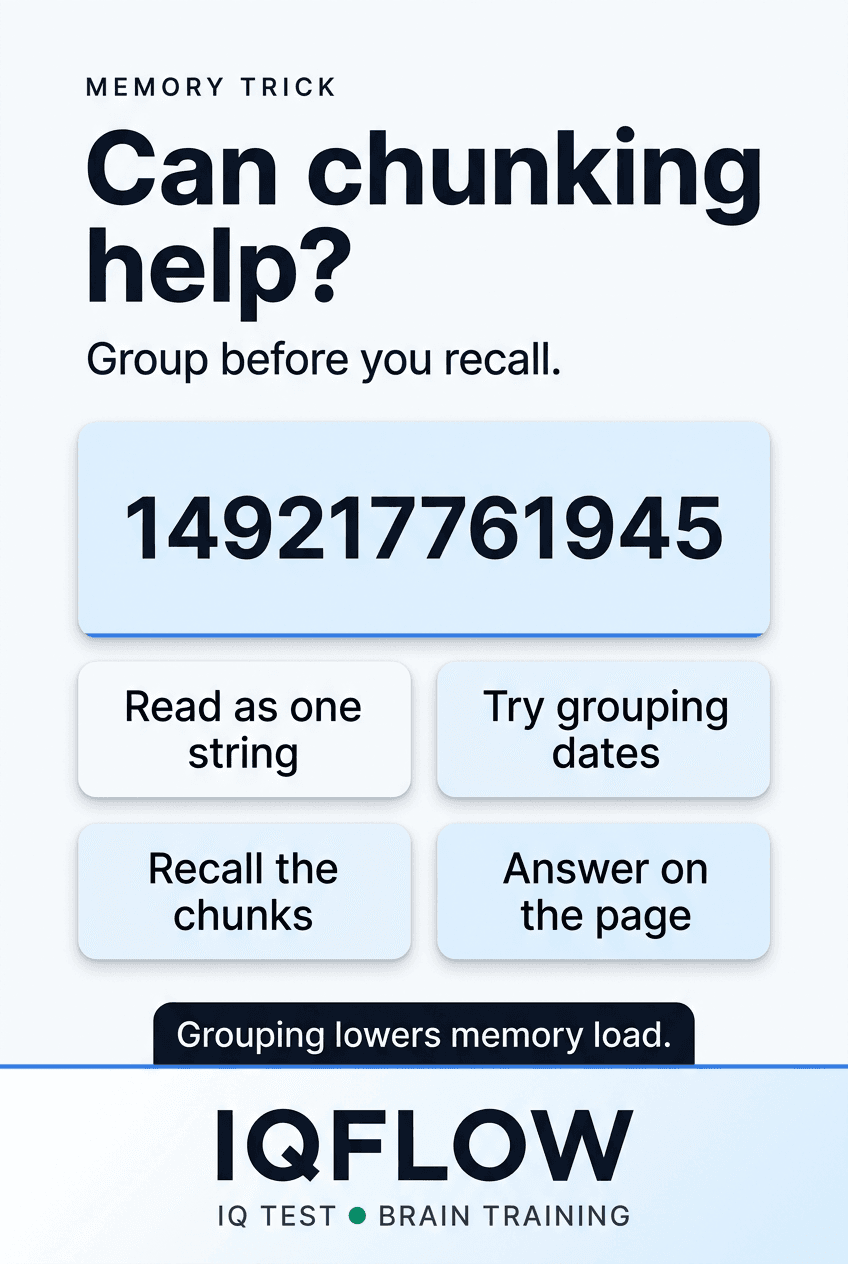 IQFlow Pinterest pin showing the number string 149217761945 for a chunking memory test.