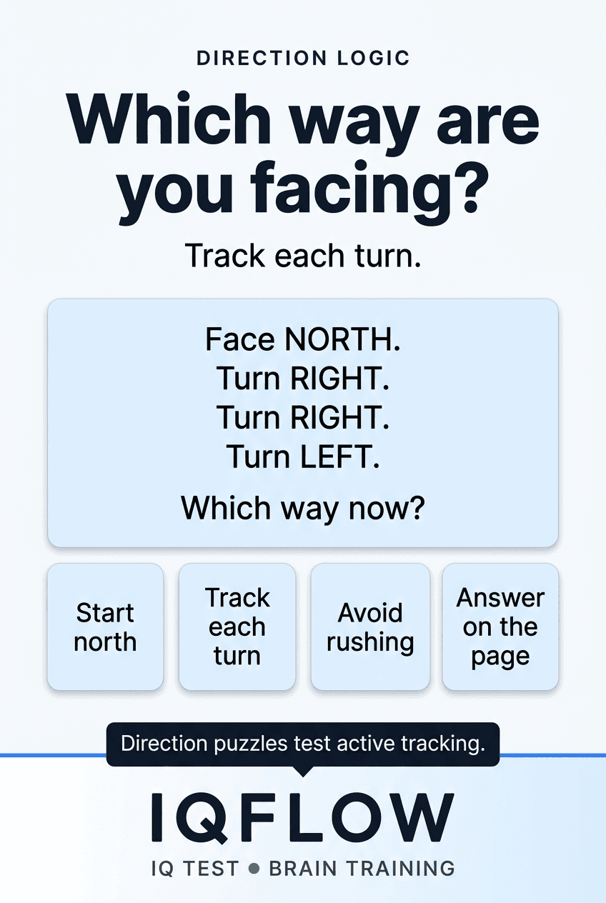 IQFlow Pinterest pin with a direction logic puzzle starting north and turning right, right, left.