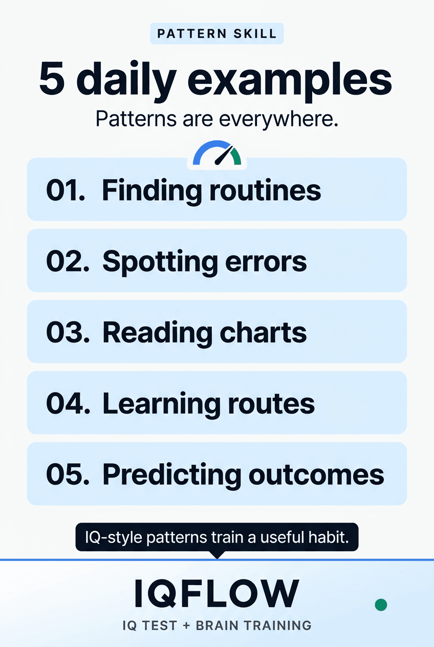 IQFlow Pinterest pin listing five daily examples of pattern recognition.