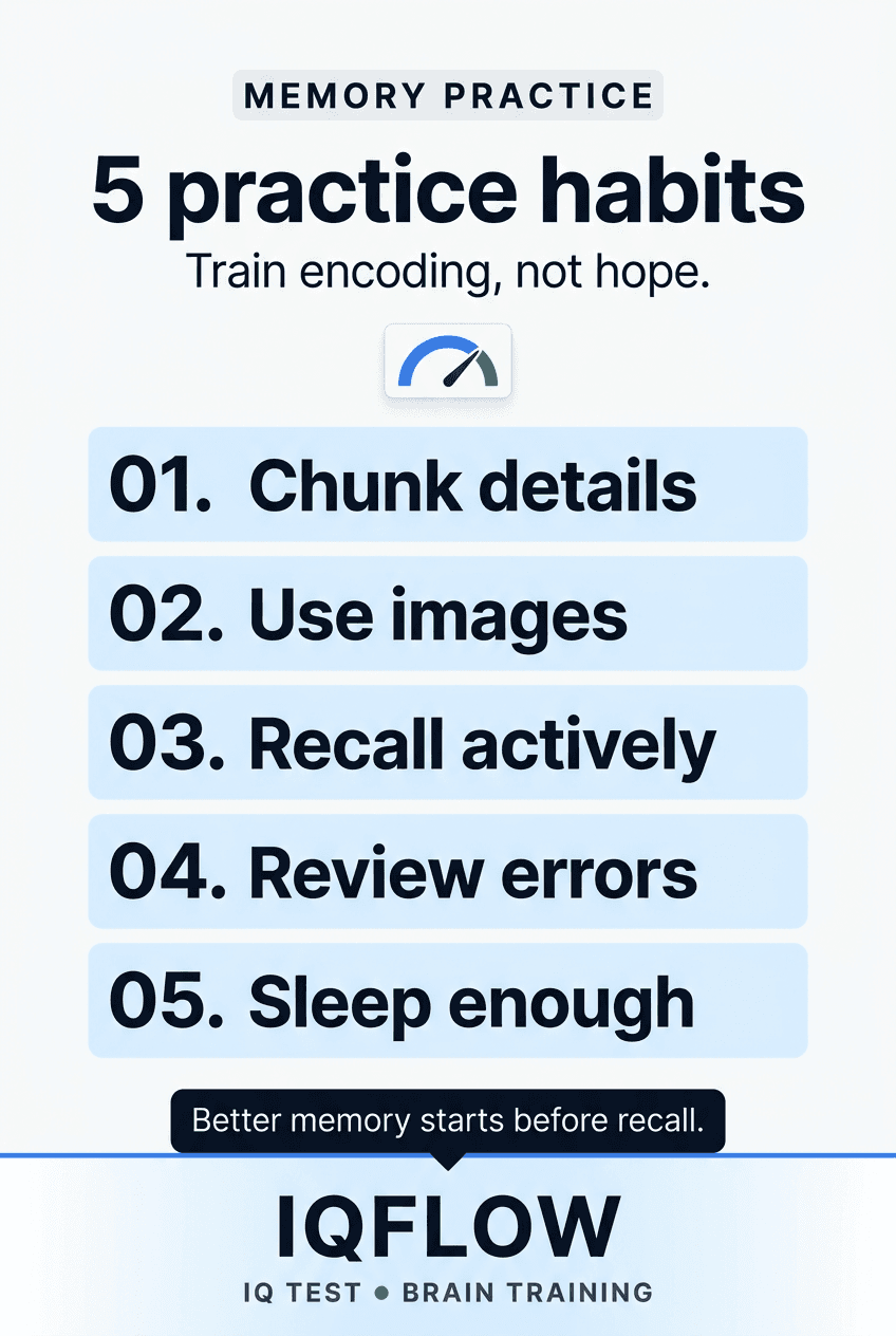 IQFlow Pinterest pin listing five practice habits for improving memory score.