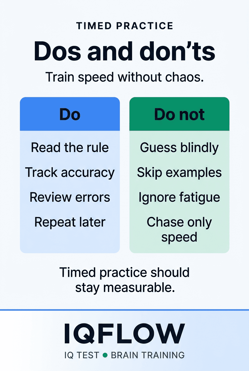 IQFlow Pinterest comparison pin listing dos and don'ts for timed IQ practice.