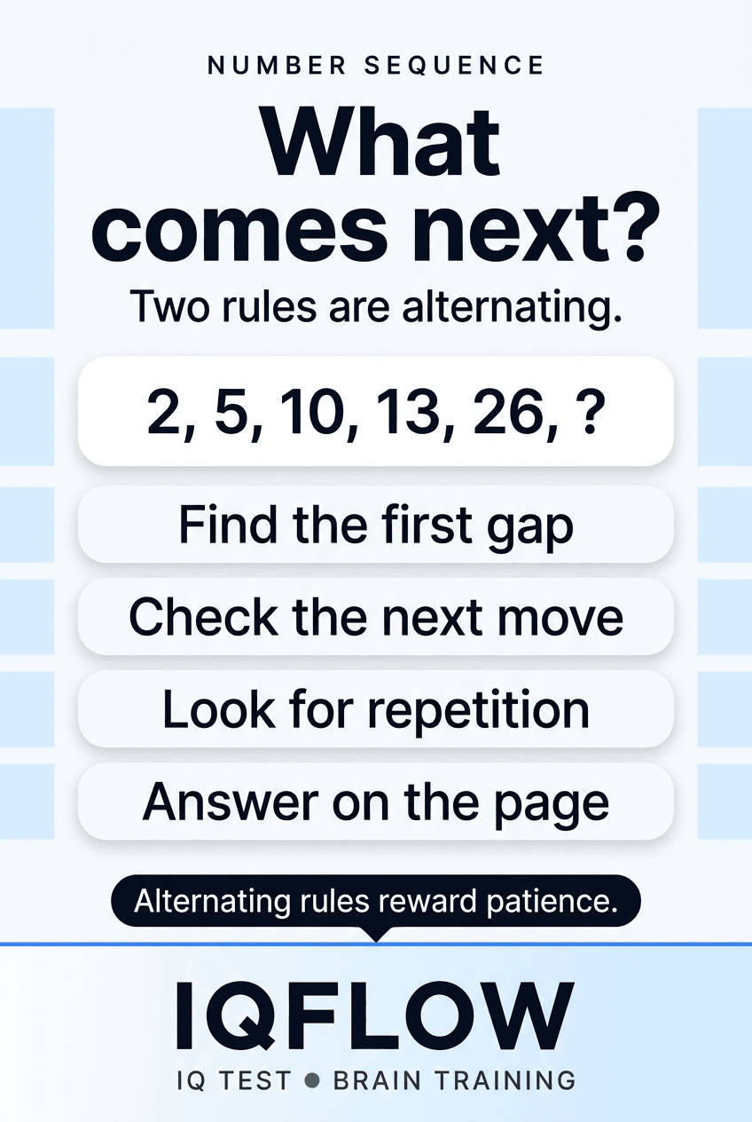 IQFlow Pinterest pin with the sequence 2, 5, 10, 13, 26, question mark.