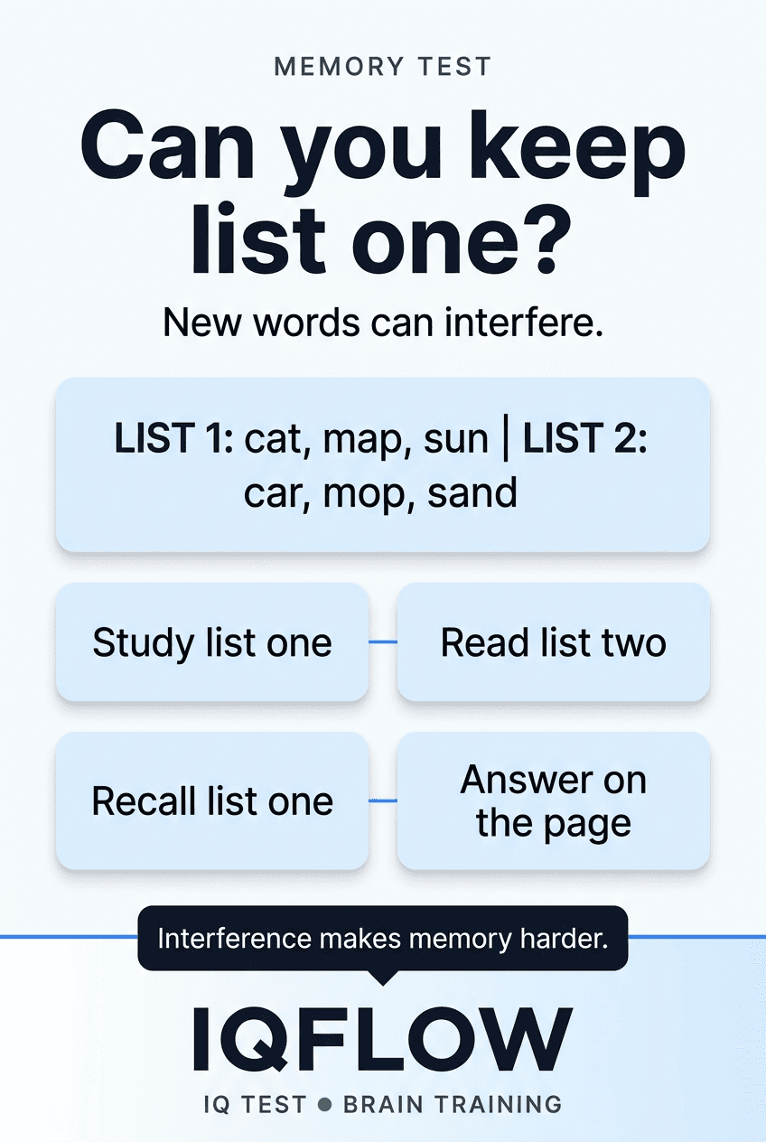 IQFlow Pinterest pin showing a memory interference challenge with two short word lists.