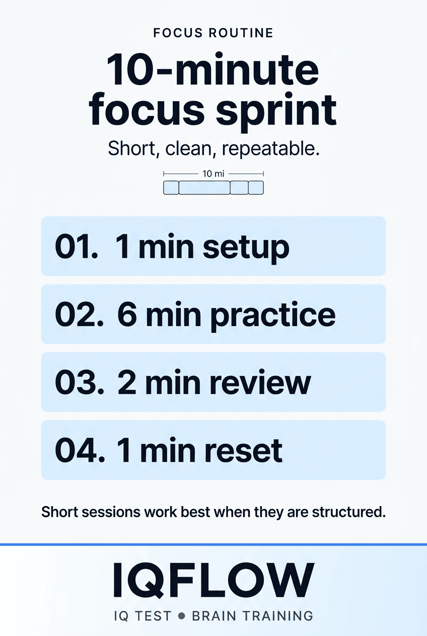 IQFlow Pinterest pin showing a ten-minute focus sprint routine.