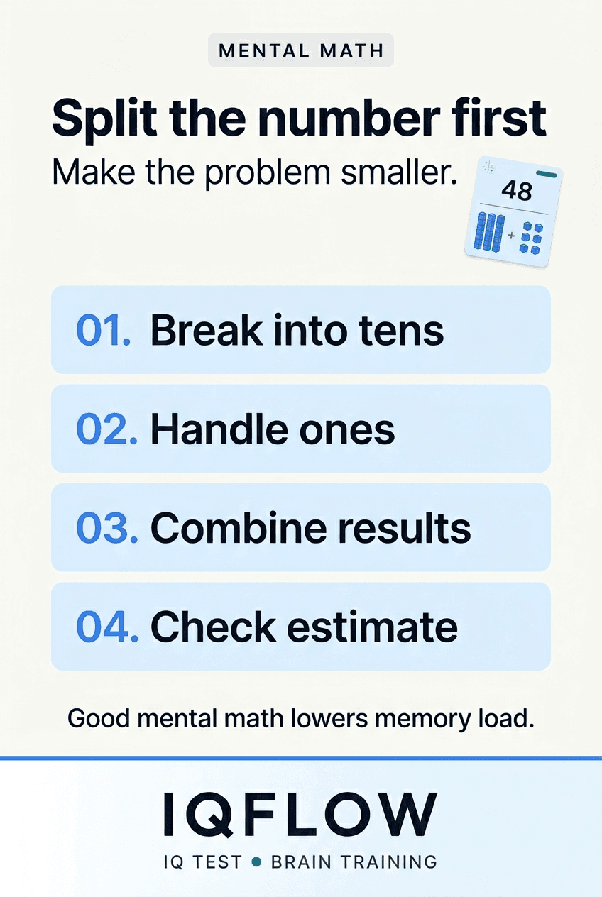 IQFlow Pinterest pin explaining a simple mental math split-number shortcut.