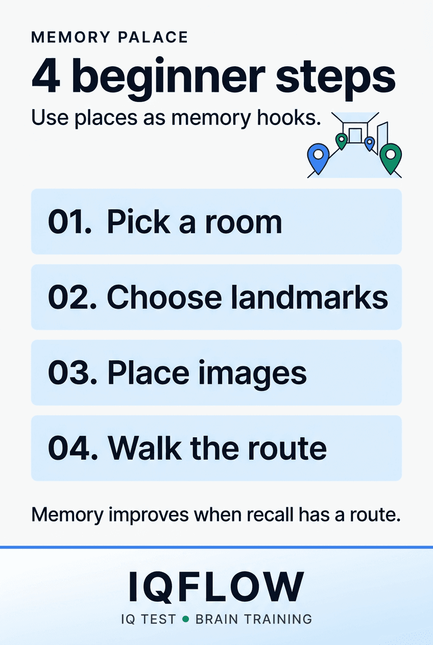 IQFlow Pinterest pin listing four beginner steps for a visual memory palace.