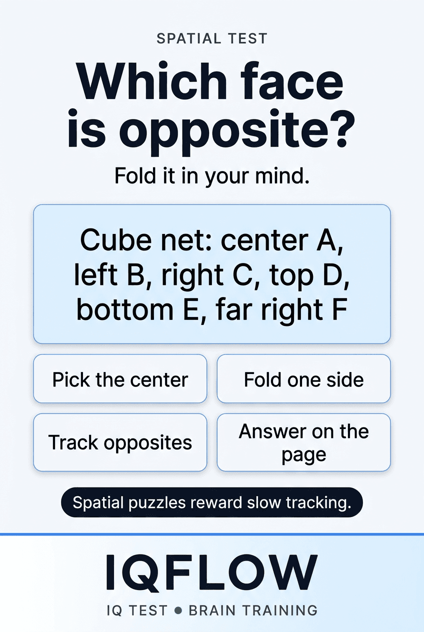 IQFlow Pinterest pin with a cube-net reasoning question about opposite faces.