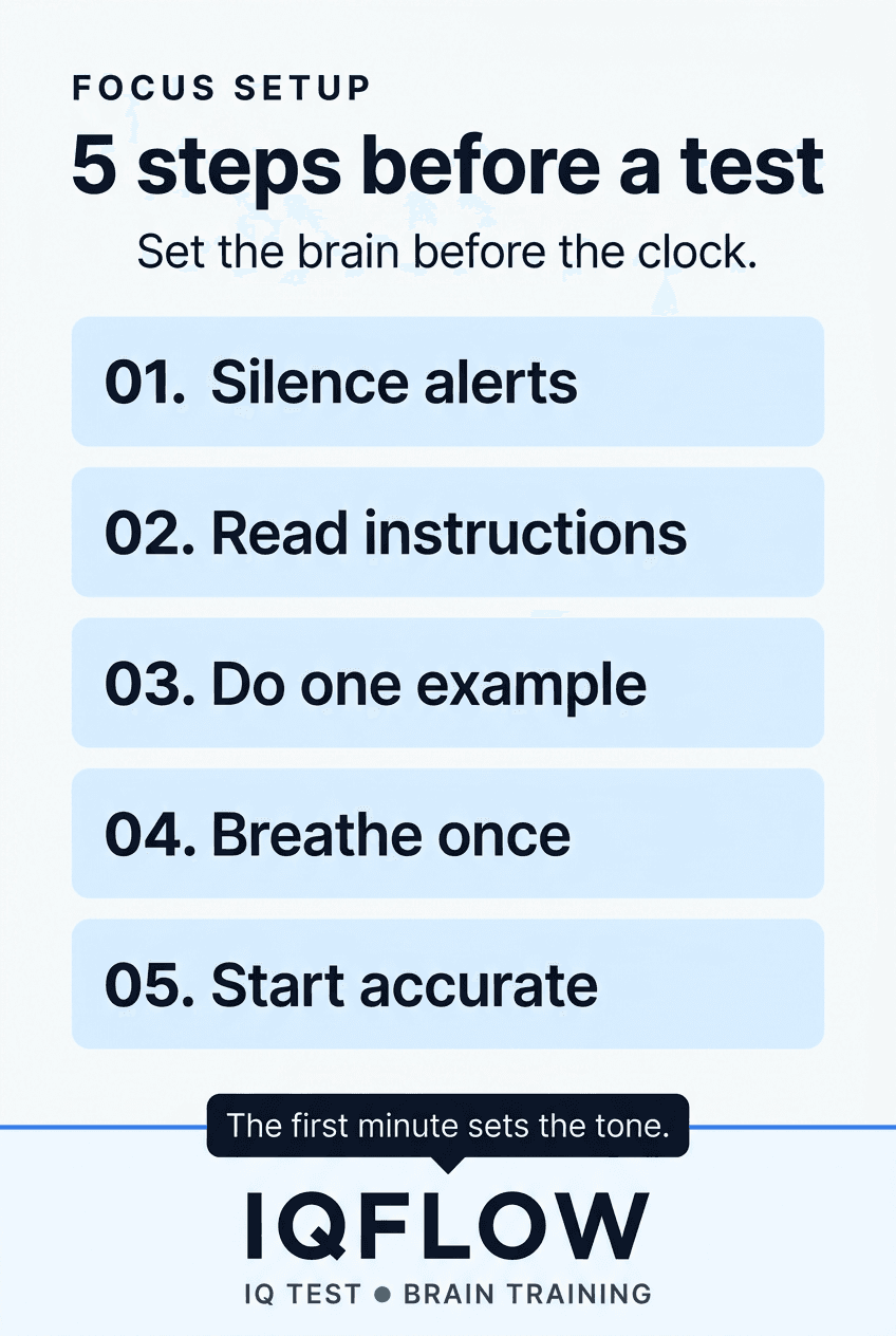 IQFlow Pinterest pin listing five pre-test concentration steps.