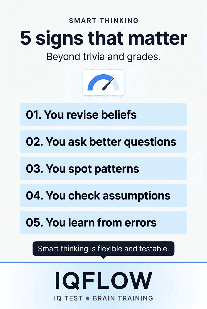 IQFlow Pinterest pin listing five real signs of smart thinking.