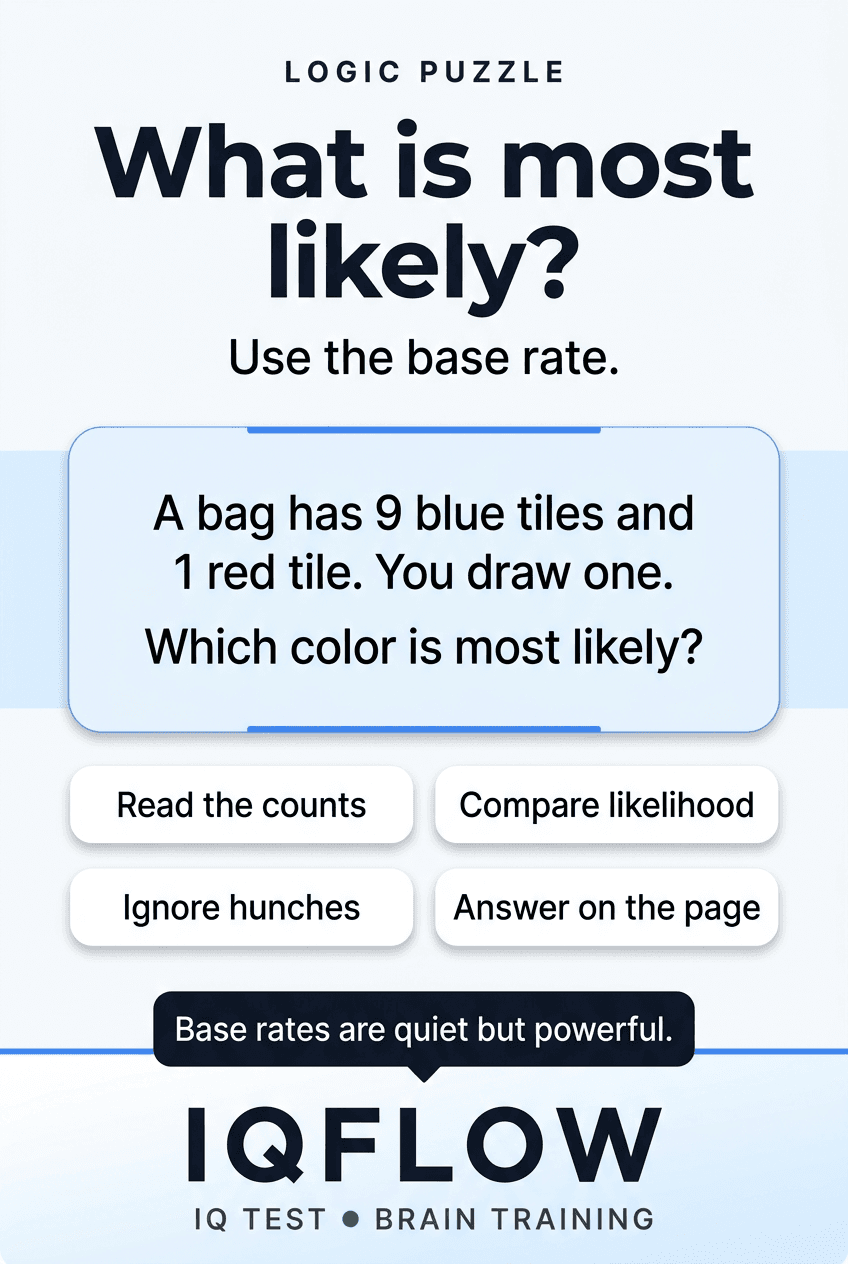 IQFlow Pinterest pin with a base-rate puzzle about blue and red tiles.