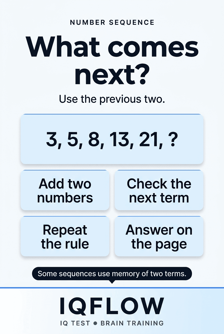 IQFlow Pinterest pin with the sequence 3, 5, 8, 13, 21, question mark.