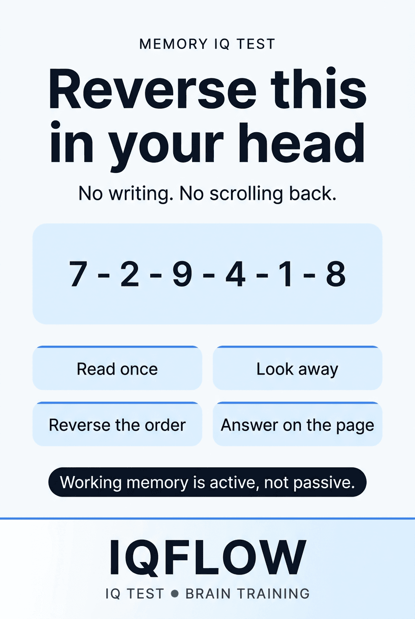 IQFlow Pinterest pin with the digit sequence 7, 2, 9, 4, 1, 8 for a reverse-memory test.