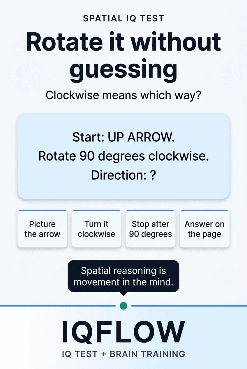 IQFlow Pinterest pin asking what direction an up arrow points after a 90 degree clockwise rotation.